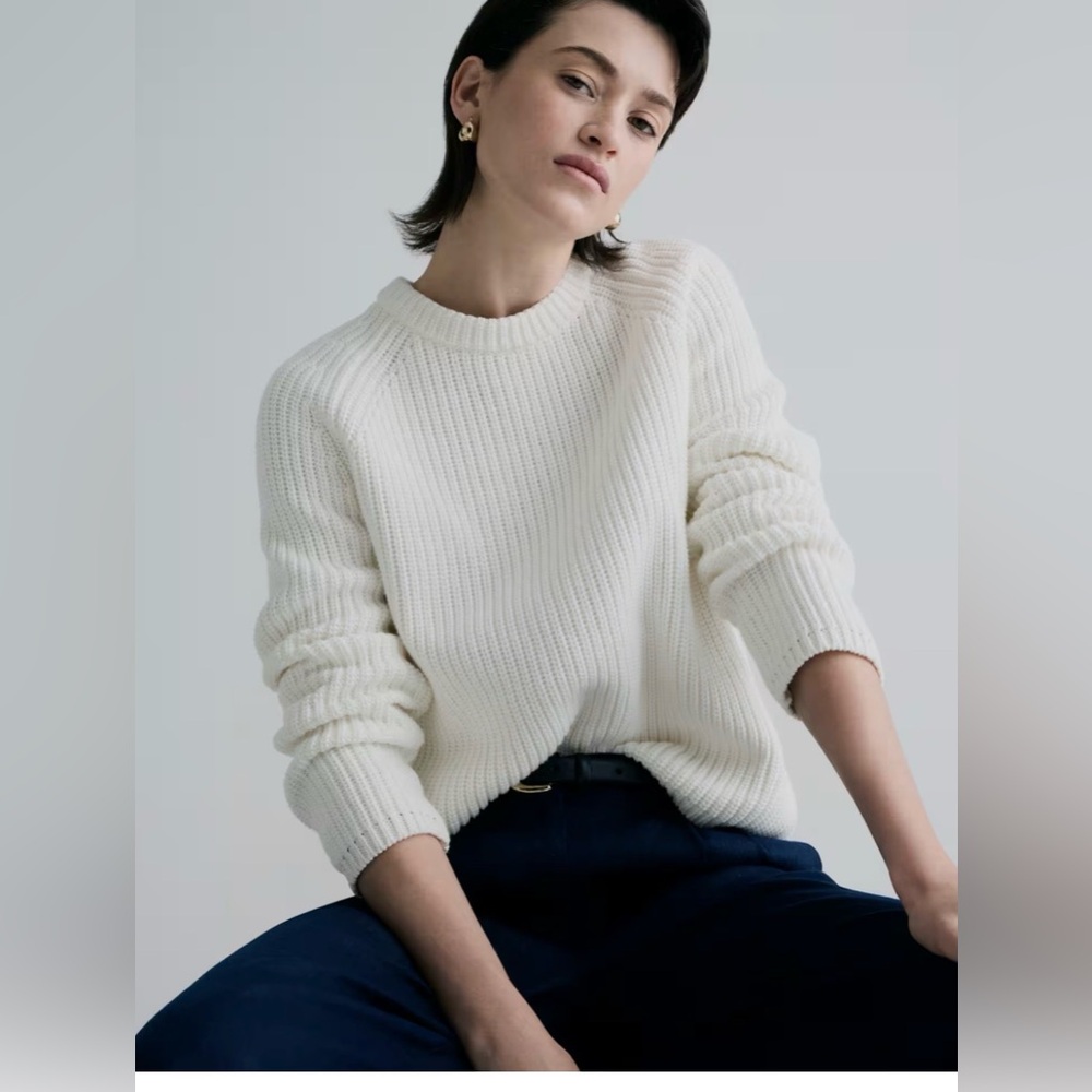 QUINCE Women 100% Organic Cotton Fisherman Crew Sweater Sz LARGE White